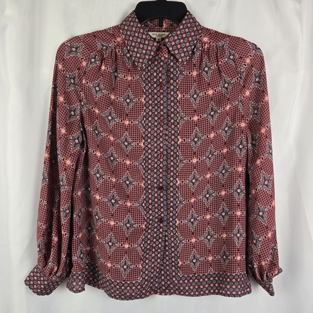 NEW Max Studio London Burgundy Kaleidoscope Geometric Button Down Top Medium